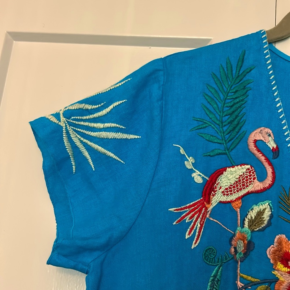 Johnny Was Linen Tropical Embroidered Blue Dress - Picture 4 of 6